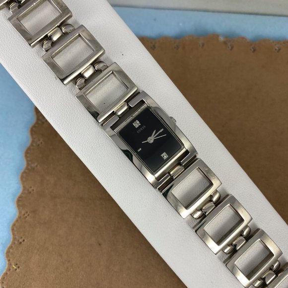 Guess Silver Tone Watch Black Face Diamond Accent